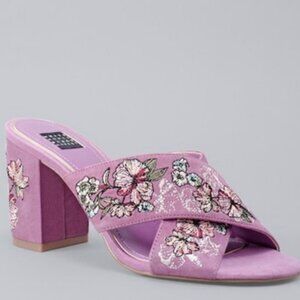 WHITE HOUSE BLACK MARKET Zuri Lavender Cross-Band Floral Embroidered Mules